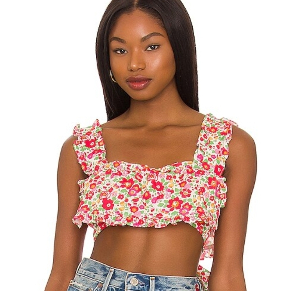 For Love & Lemons Audon Floral Crop Top Bow Ties Red White Pink Green Size S